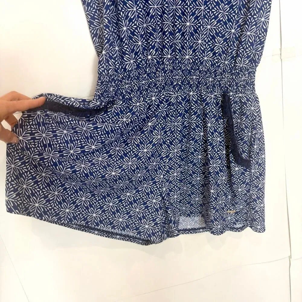 Cabana Life West Indies Fringe Romper Beach Large Blue White UPF 50+ Tassel Tie